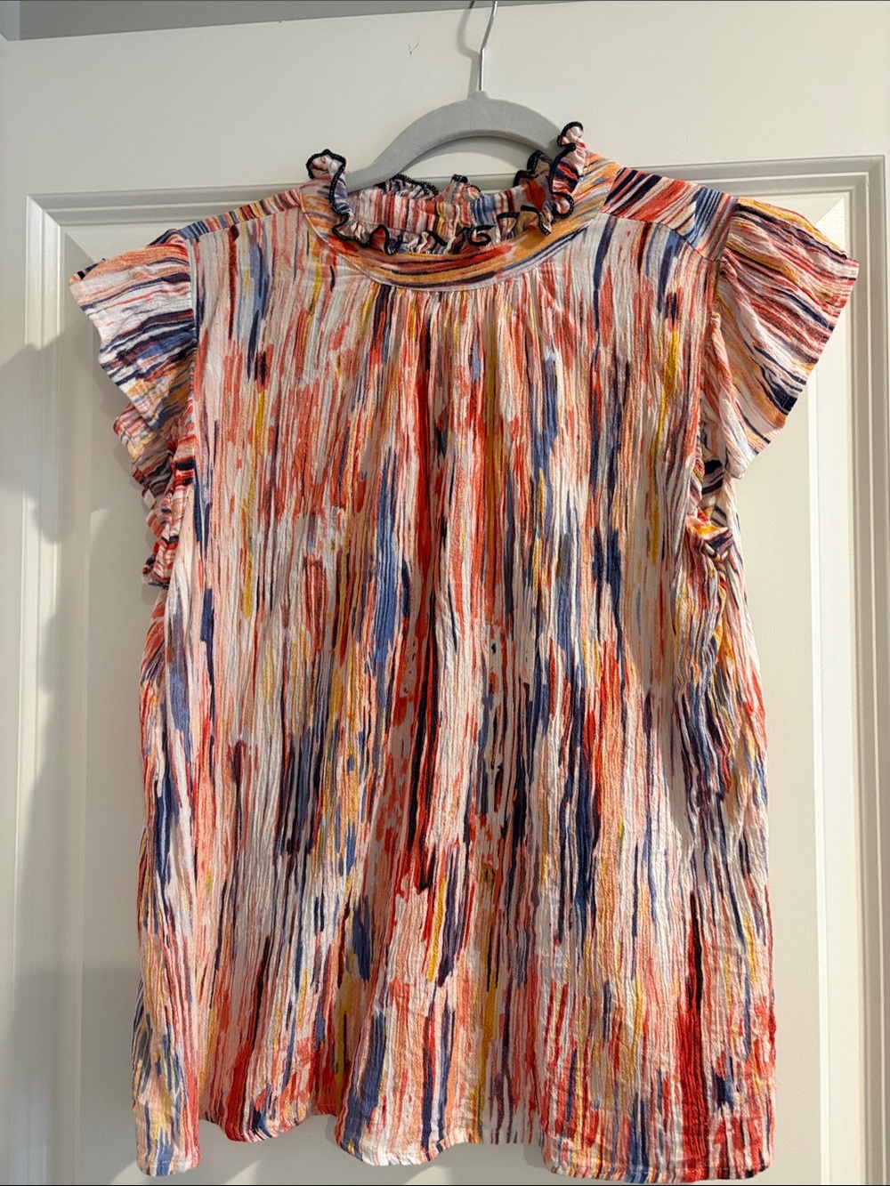 THML Multicolor Ruffled Neck Short Sleeve Gauze Top